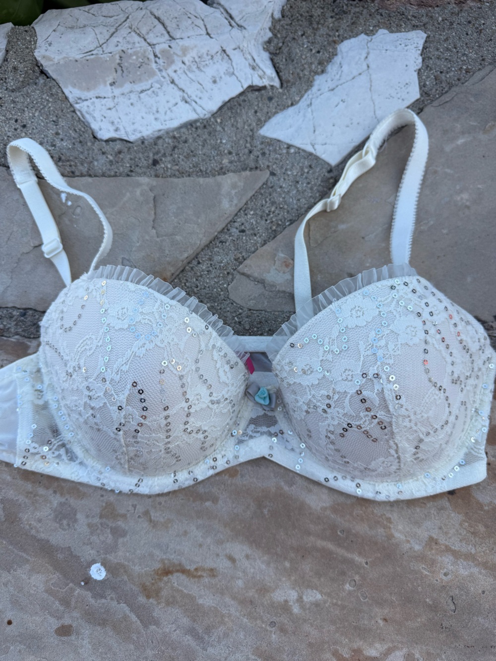 Betsey Johnson Ivory Lace Sequin Push-Up Bra
